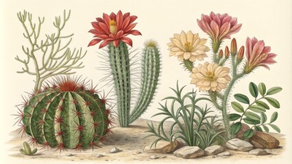 Obraz premium Botanical Cacti Study Spikes, Blooms and Desert Landscape, botanical, cactus
