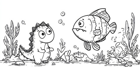 Friendly dinosaur meets a curious fish in an underwater adventure at a vibrant coral reef