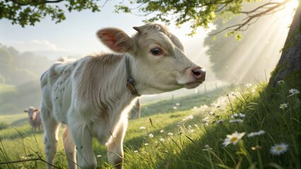 Fototapeta premium Calf in Meadow, Sunlit Morning, Eye Level View, farm ,peaceful