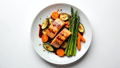 Top view of seared salmon dish with grilled zucchini, asparagus, carrots, balsamic glaze on white round plate, white background. Healthy balanced tasty meal with fish and vegetables.