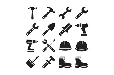 Obraz premium Construction Tools Silhouette Set Hammer, Drill, Wrench, Helmet, Boots Vector