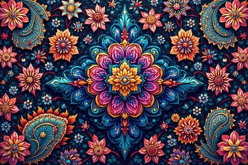 Intricate paisley floral pattern in vibrant hues, rose, floral, summer