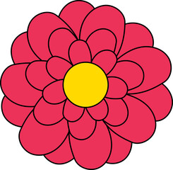 A bold and bright hand-drawn vector of a zinnia flower in full bloom, featuring layered deep pink petals and a cheerful yellow center. The intricate petal design radiates outward. 