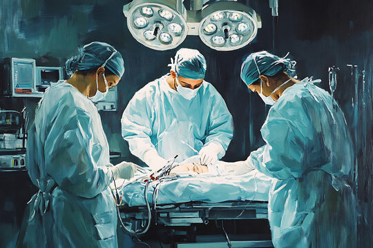 Medical team performing surgery in sterile operating room under bright surgical lights, doctors in scrubs and masks focused on critical procedure, modern hospital healthcare and emergency treatment sc