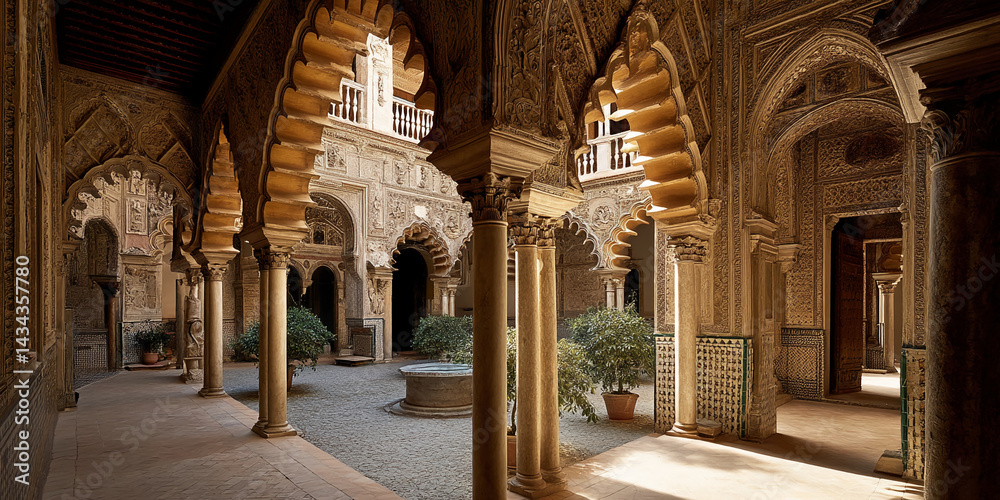 Poster sunlit courtyard with intricate stone arches, columns, and tilework, showcasing mudejar architecture