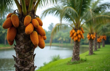 Row of buriti palm trees with ripe fruits in tropical landscape. Buriti fruits Mauritia flexuosa are rich in vitamin A. Brazilian fruits growing in marshy or humid terrain. Nature and ecology.