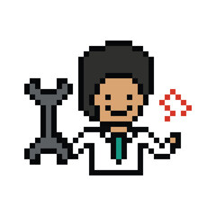 Cartoon cute pixel 8bit character engineer man fix problem improvement for decoration 8 bit male boy male engineer solve problem character game png vector.