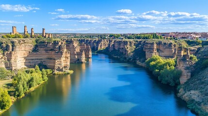 Scenic River Canyon with Ancient Towers, Sunny Day