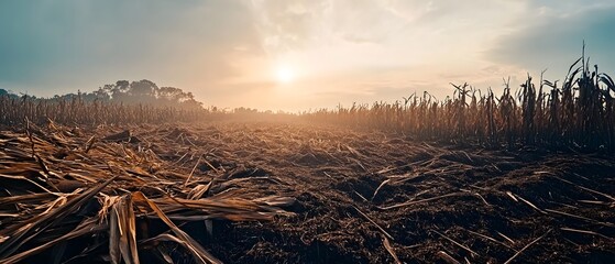 Vast barren landscape with denuded land uprooted trees and damaged ecosystem after extensive deforestation and logging activities