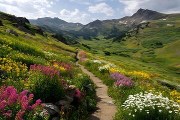 Tranquil winding route in mountain meadow with blooms  
