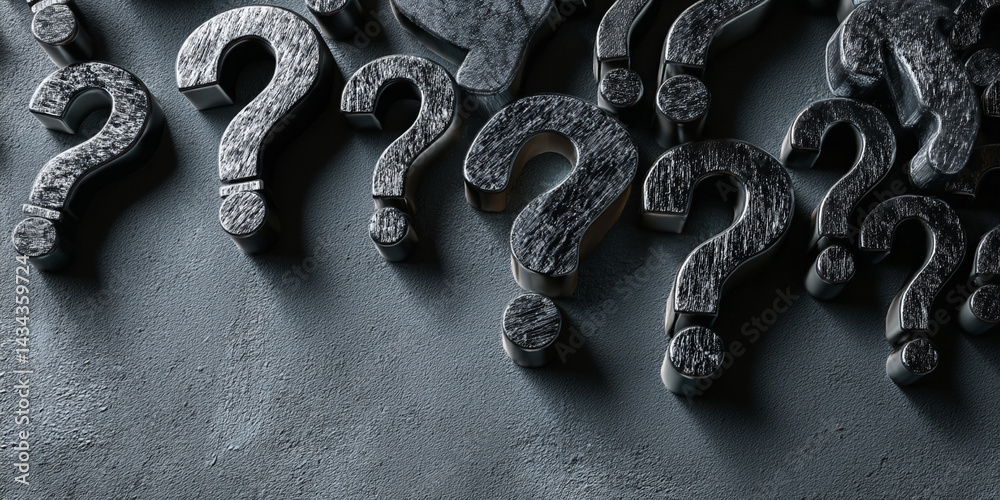 Poster metallic question marks scattered on dark gray textured background, leaving free space for text, sym