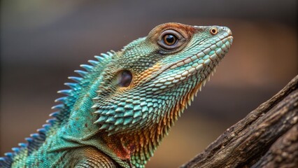 Fototapeta premium Close-up of lizard head, vibrant scales, detailed texture, looking up, reptile, animal