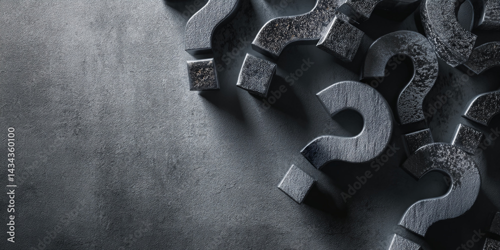 Poster dark gray textured background with scattered metallic question marks, creating a dramatic and inquis