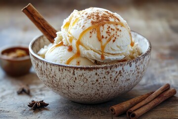 Vanilla ice cream with cinnamon caramel topping