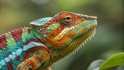 Fototapeta premium Close-up profile of a colorful chameleon with detailed skin texture, nature ,reptile