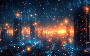 Fototapeta premium Futuristic city skyline bathed in vibrant, glowing light.