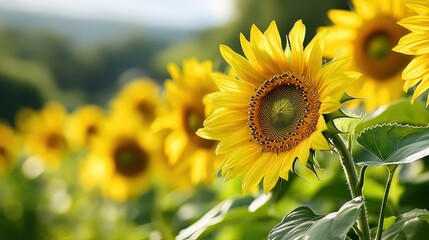 Fototapeta premium A field of sunflowers blurring into the mist, with soft light enhancing the effect. 