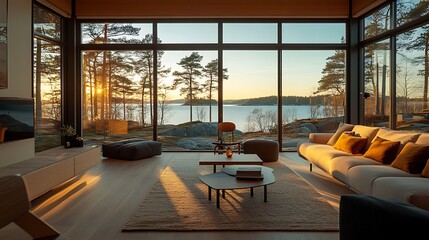 Modern lakeside cabin living room, bathed in golden sunset light.