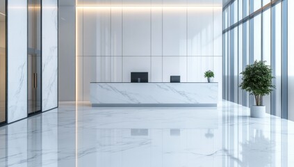 Modern white marble reception desk in a spacious lobby