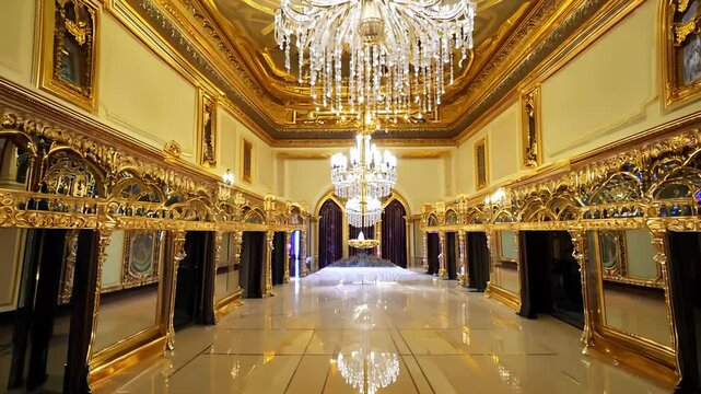 Luxurious golden ballroom with majestic chandeliers and intricate architectural details. concept of opulence, classic elegance, grand interiors, palace, and exquisite craftsmanship.