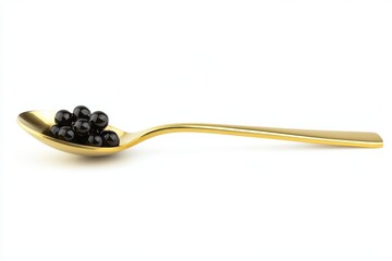 Fototapeta premium Black caviar in a gold spoon against a white backdrop