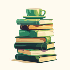 Stack of green books with coffee cup on top
