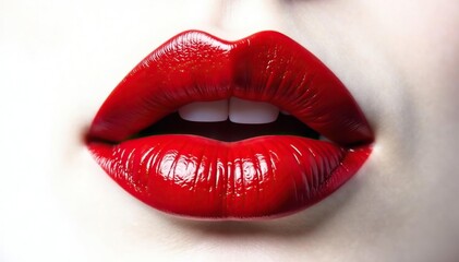 Obraz premium Close-up of perfectly shaped red lips against a stark white backdrop, fashion, color