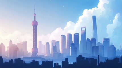 Obraz premium Shanghai sunrise skyline, cityscape illustration, urban background, website banner
