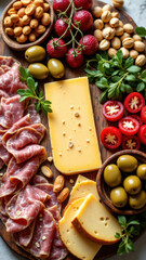 A variety of keto-friendly foods arranged on a wooden tray with herbs and garnishes.