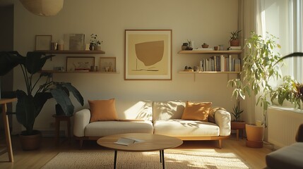 Sun-drenched living room, showcasing a minimalist aesthetic.