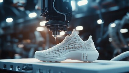 A 3D printer creates a white athletic shoe with a complex lattice design
