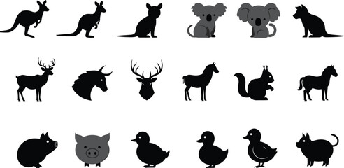 Obraz premium A black vector set of animal silhouettes features a cat, dog, bird, and rabbit illustration AI Generative