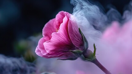 Close-up of a flower partially disappearing into mist, creating a dreamy effect. 