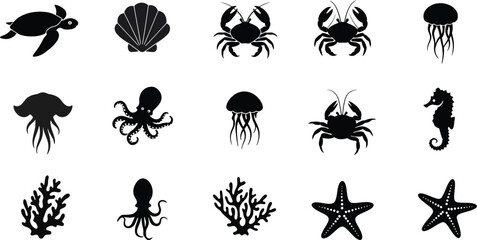 A vector set features black silhouettes of plants alongside black and white silhouettes of insects like butterflies and beetles, creating a nature-inspired design AI Generative