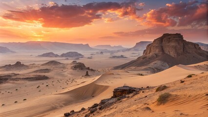 Naklejka premium Desert Sunset Wide shot, sand dunes, rock formations, orange sky,vastness, landscape, arid