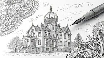 Obraz premium Detailed Ink Drawing Ornate Mansion with Mandala and Pen, Line Art, Coloring Book