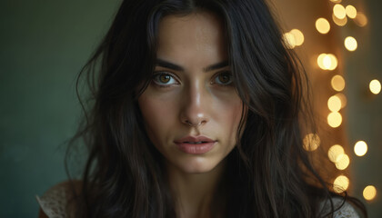Young woman with nose ring looks camera. Long dark hair, soft skin. Portrait face, natural beauty. Focus on eyes and lips. Artificial intelligence created, ideal for beauty, fashion, cosmetics.
