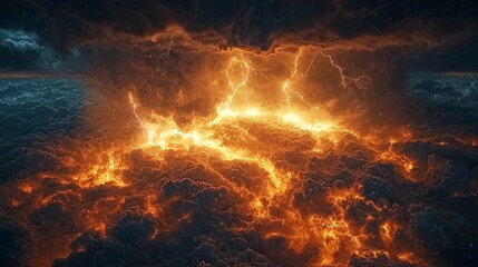 Fototapeta premium A fiery sky with clouds and lightning bolts