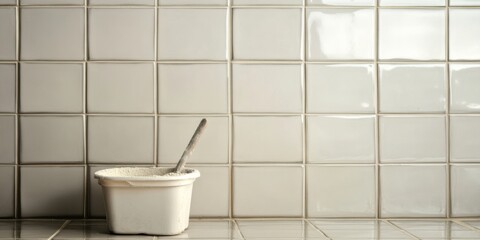 White container with mortar and mixing tool placed against tiled wall in a renovation setting