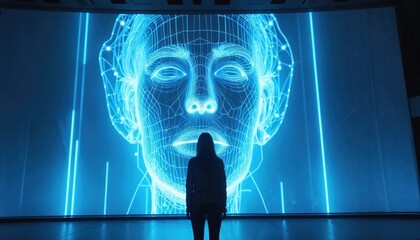 Silhouette of person watching 3D projection mapping show, immersive visual experiences. Digital art, futuristic tech, modern design. Neural network, Artificial Intelligence, AI concept.