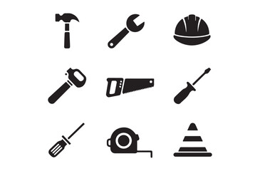 Construction Tools Icon Set Minimalist Silhouettes for Building and Repair Design