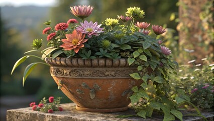 Floral Pot Still Life, blooming ,pottery A terracotta pot with pink and red flowers, foliage, garden , plant Terracotta pot, colorful flowers