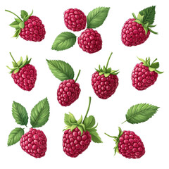 Raspberries with Leaves Isolated on white transparent background