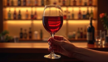 Fototapeta premium Hand gently holds wine glass filled with deep red wine. Soft lighting illuminates glass curves against blurred stylish bar background. Social gathering, cheers, celebrate life moments.