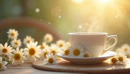A cup herbal chamomile tea on wooden table, white mug with daisy flowers. Beverage for relaxation, calmness in morning or evening light. Herbal drink for sleep, healthy lifestyle.