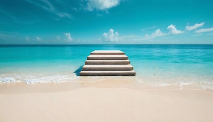Obraz premium Stairway to Tranquility: Stone steps lead into a pristine, turquoise ocean, under a bright, cloudless sky, inviting exploration and serenity.