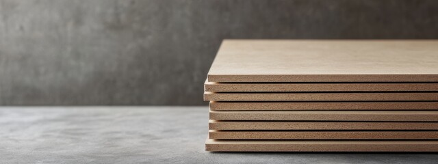 Stack of light wooden boards organized neatly on a concrete surface in a workshop setting