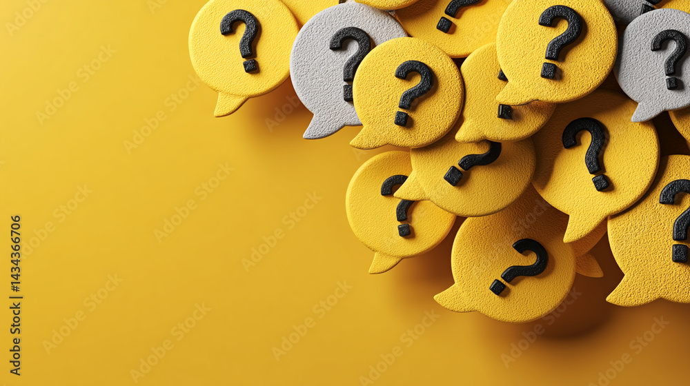 Aufkleber yellow and gray speech bubbles with black question marks on yellow background, representing uncertai