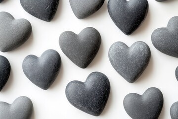 Obraz premium Heart shapes assortment for love-themed projects, valentine's day inspiration, and health concepts. Gray hearts on white evoke warmth and affection for various creative endeavors