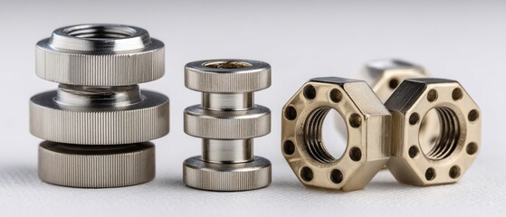 Assortment of metal fasteners with varied shapes on a plain background